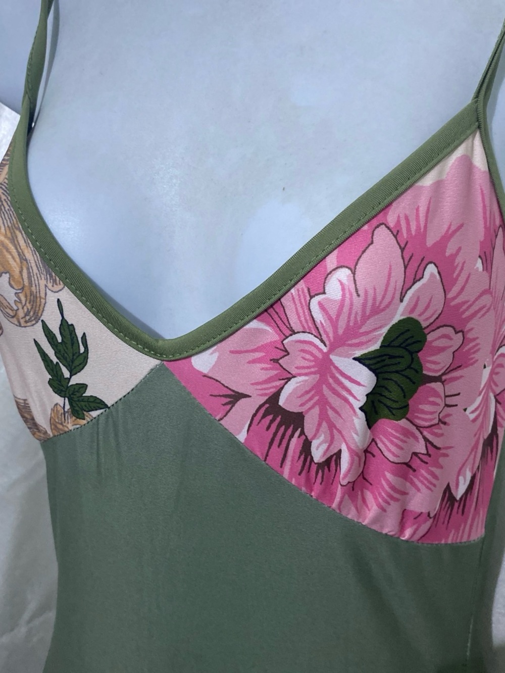 Olive Green Maxi Slip Dress with Pink Floral Print - Picture 2 of 5